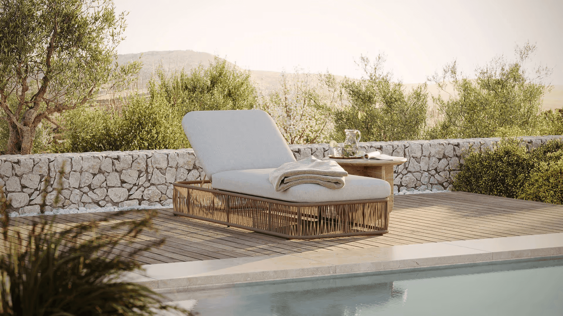 Patio lounge set rendered in a realistic outdoor terrace scene — photorealistic exterior lifestyle image