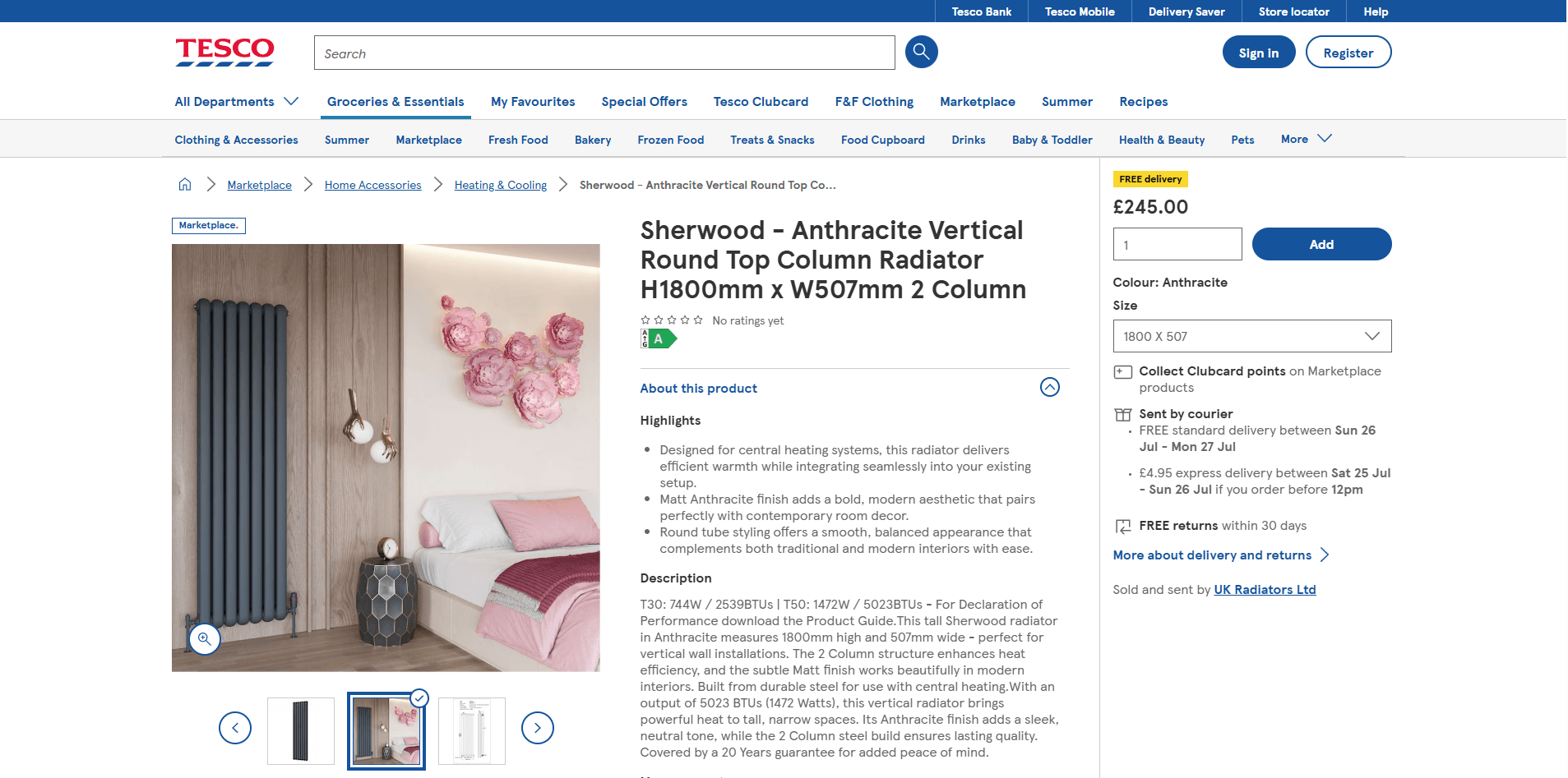 A 3D rendering created for radiator promotion on Tesco shows a tall anthracite model beside a bed