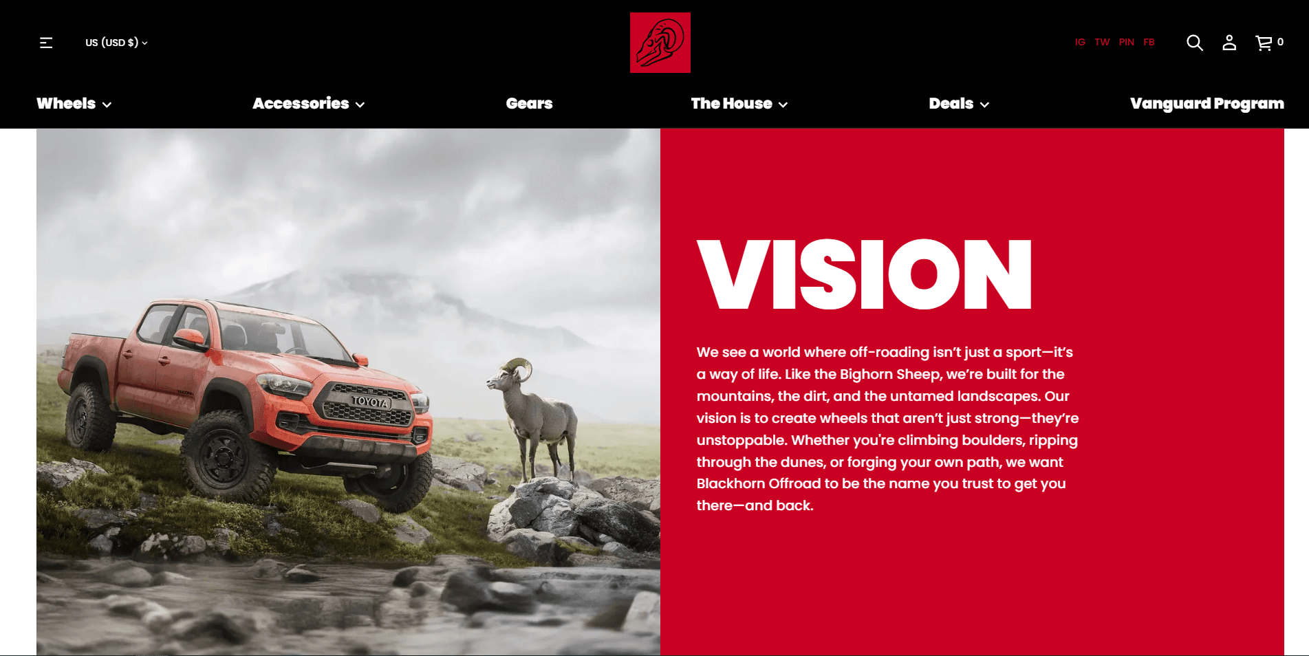 Off-road wheel promotion shows a Toyota truck beside a bighorn sheep in a rocky mountain landscape using 3D rendering