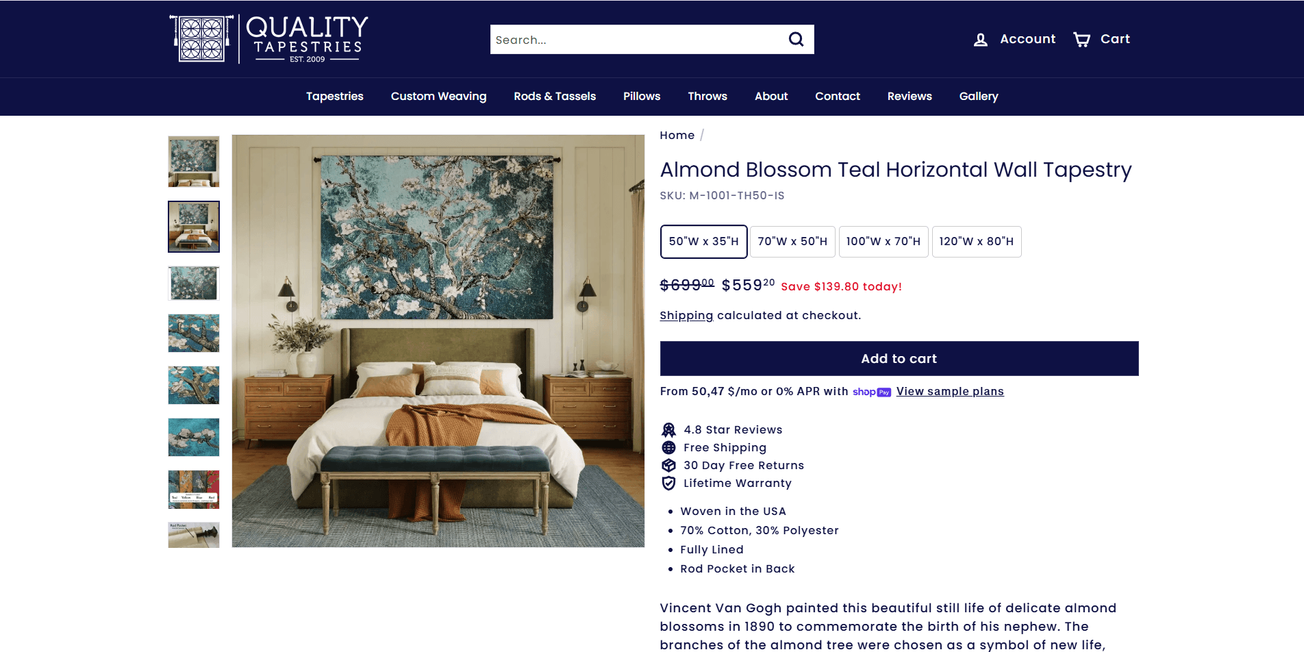 Wall tapestry promotion on a product page shows an almond blossom design above a bed in a 3D-rendered room