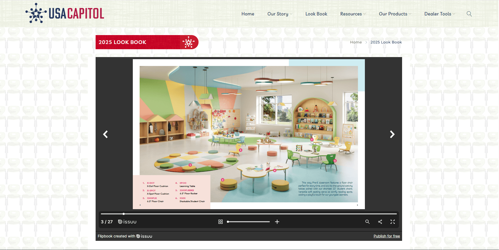 A lookbook for preschool furniture promotion features a 3D rendering of a colorful classroom with tables, chairs, and rugs