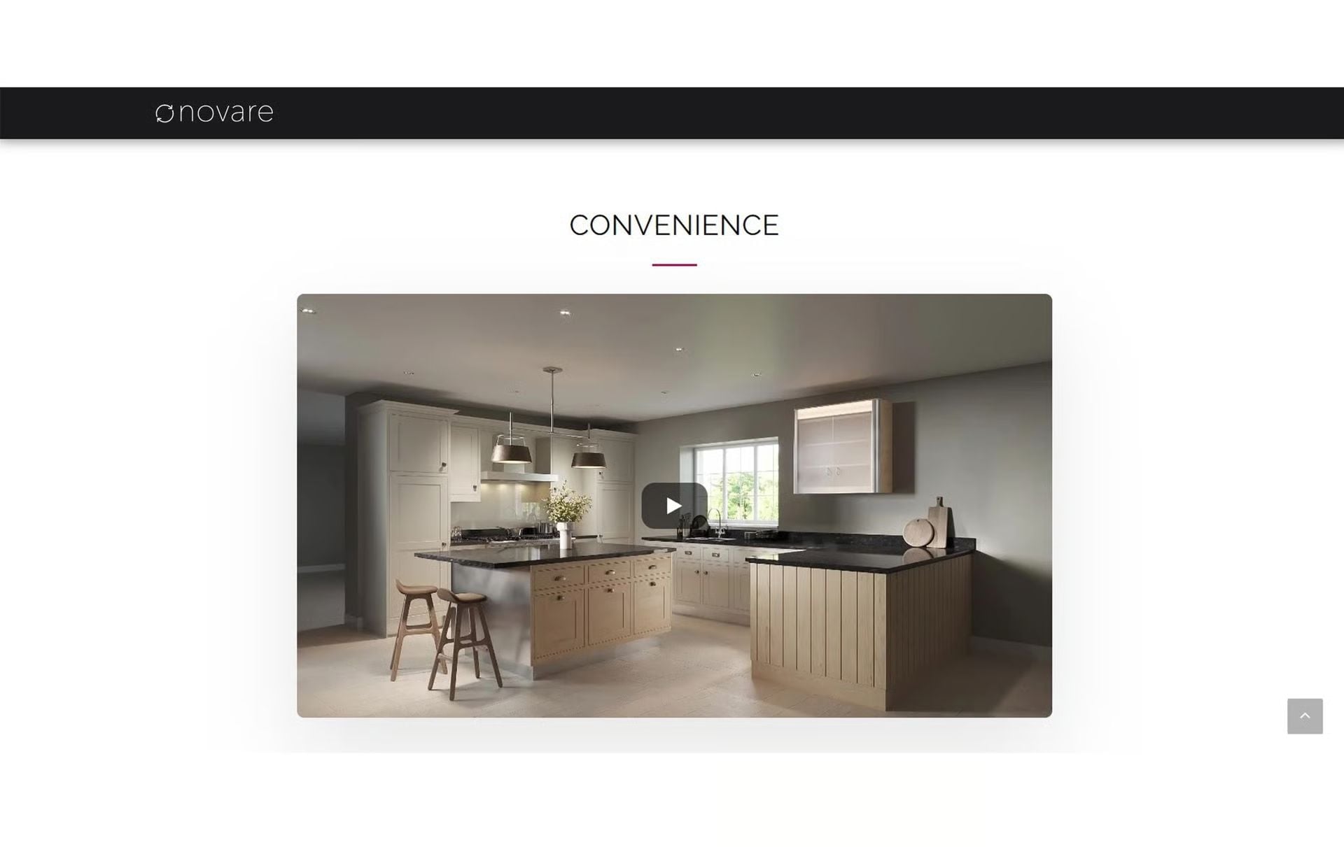 A 3D-rendered promotional animation shows built-in kitchen cabinets and a central island in a modern interior