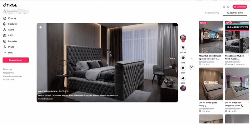 A 3D animation of a tufted bed in a dark bedroom appears in a TikTok video promoting bedroom furniture