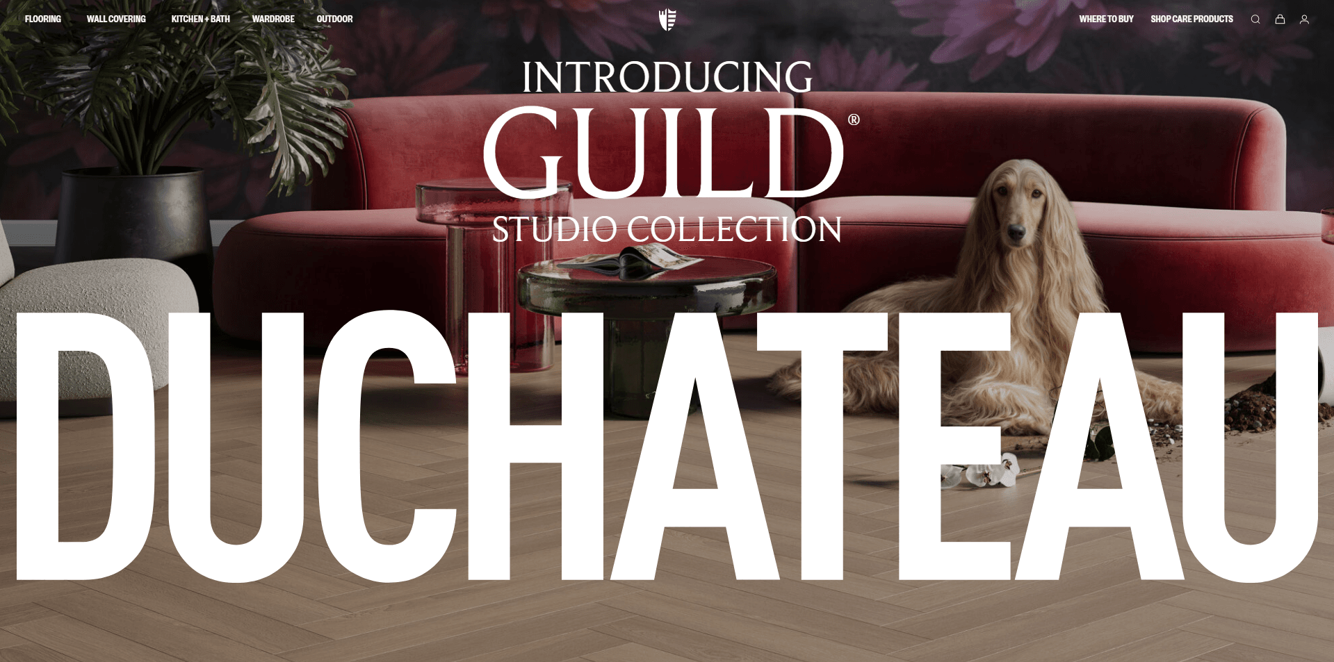 Flooring promotion render showing a red sofa, herringbone floor, and dog as the website hero
