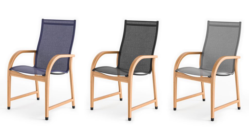 Outdoor dining chairs shown in three colors with wooden frames and mesh backs in a product 3D visualization
