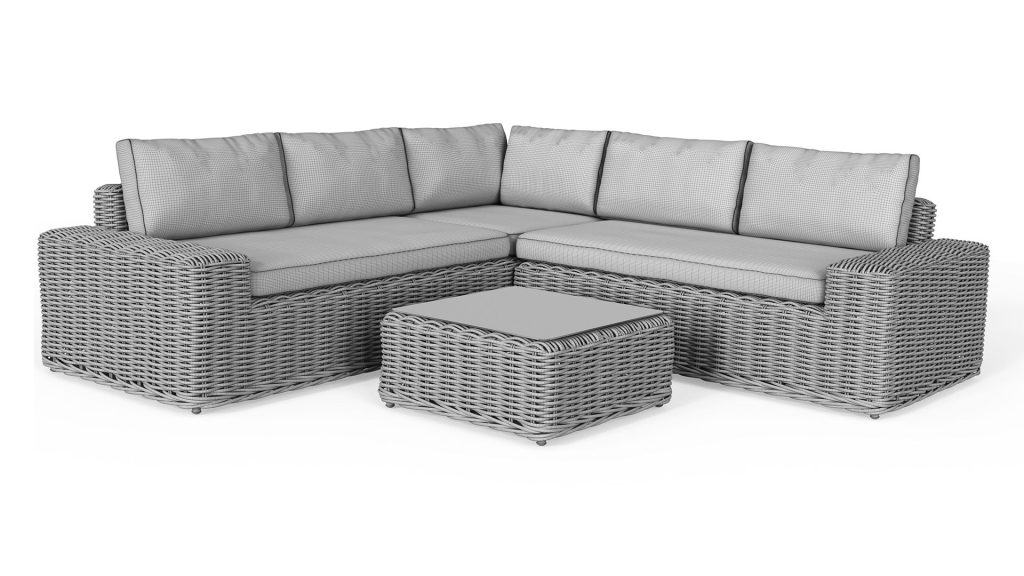 Wireframe outdoor rattan sectional sofa with cushions and a coffee table shown as a high-detail 3D model