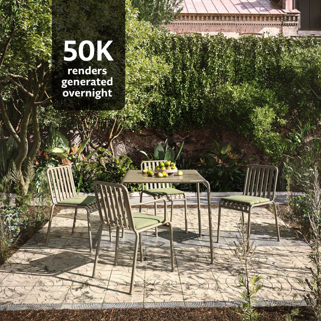 Outdoor dining table and four chairs on a garden patio surrounded by lush plants shown in a realistic 3D visualization
