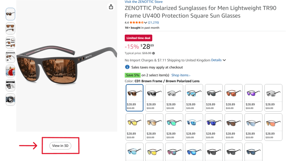 Amazon GLB result: View in 3D button below the main image on an Amazon product listing.
