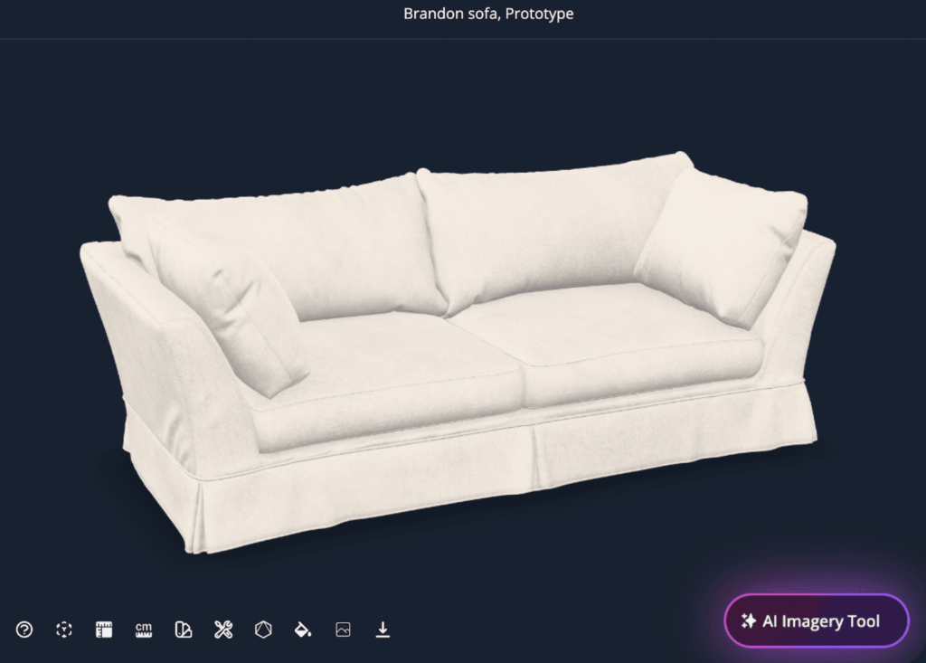 GLB sofa 3D model opened in an interactive web viewer with configuration tools