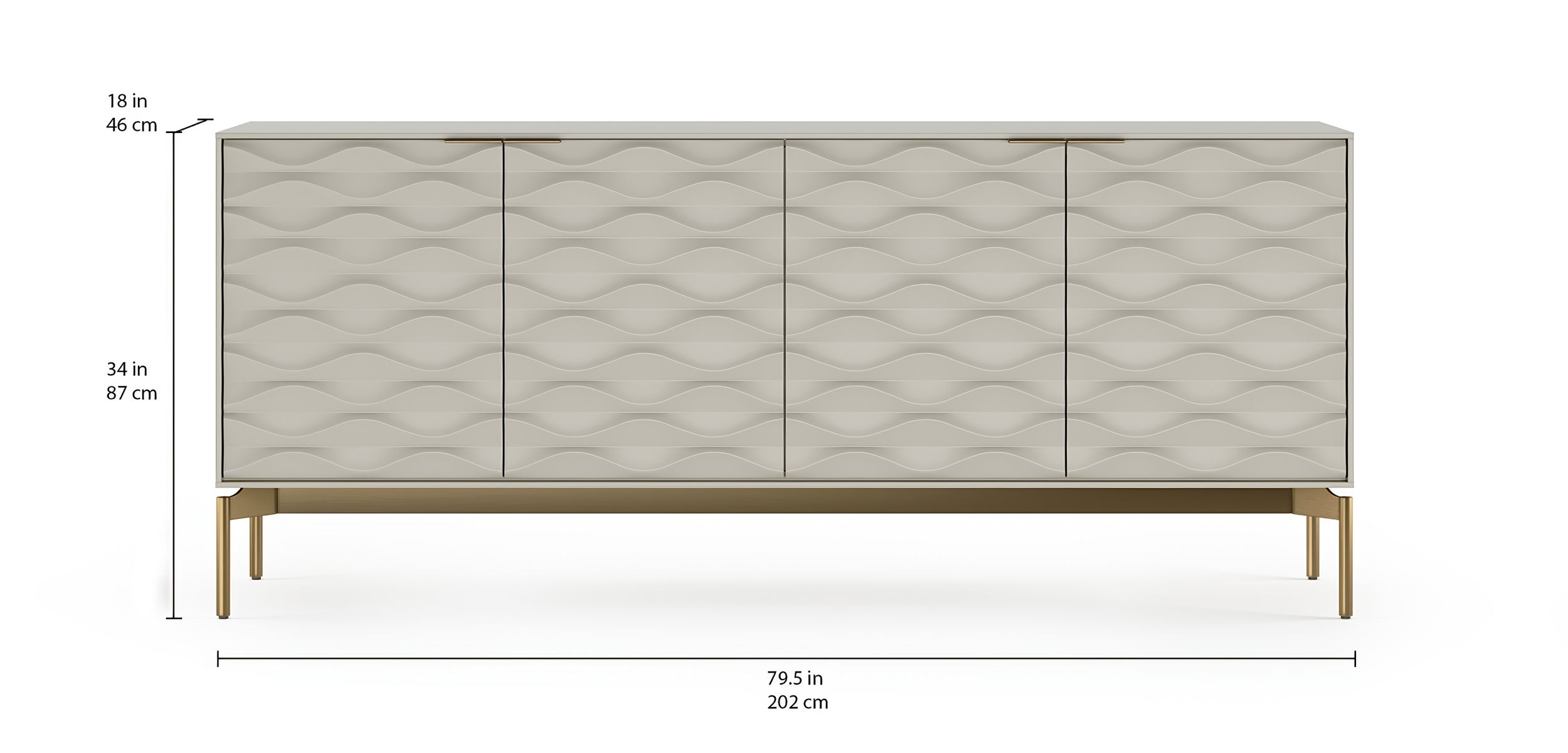 BDI Ripple credenza in stone with a brushed brass base, marked with its width, depth and height in inches and centimeters