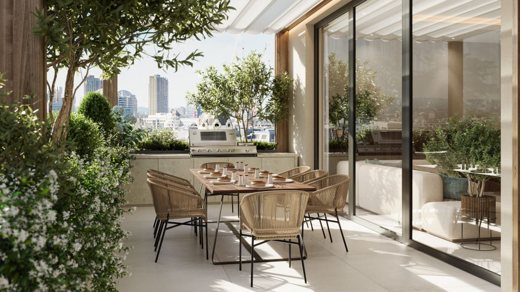 Wicker outdoor dining set arranged on a balcony beside glass walls in a bright lifestyle 3D rendering