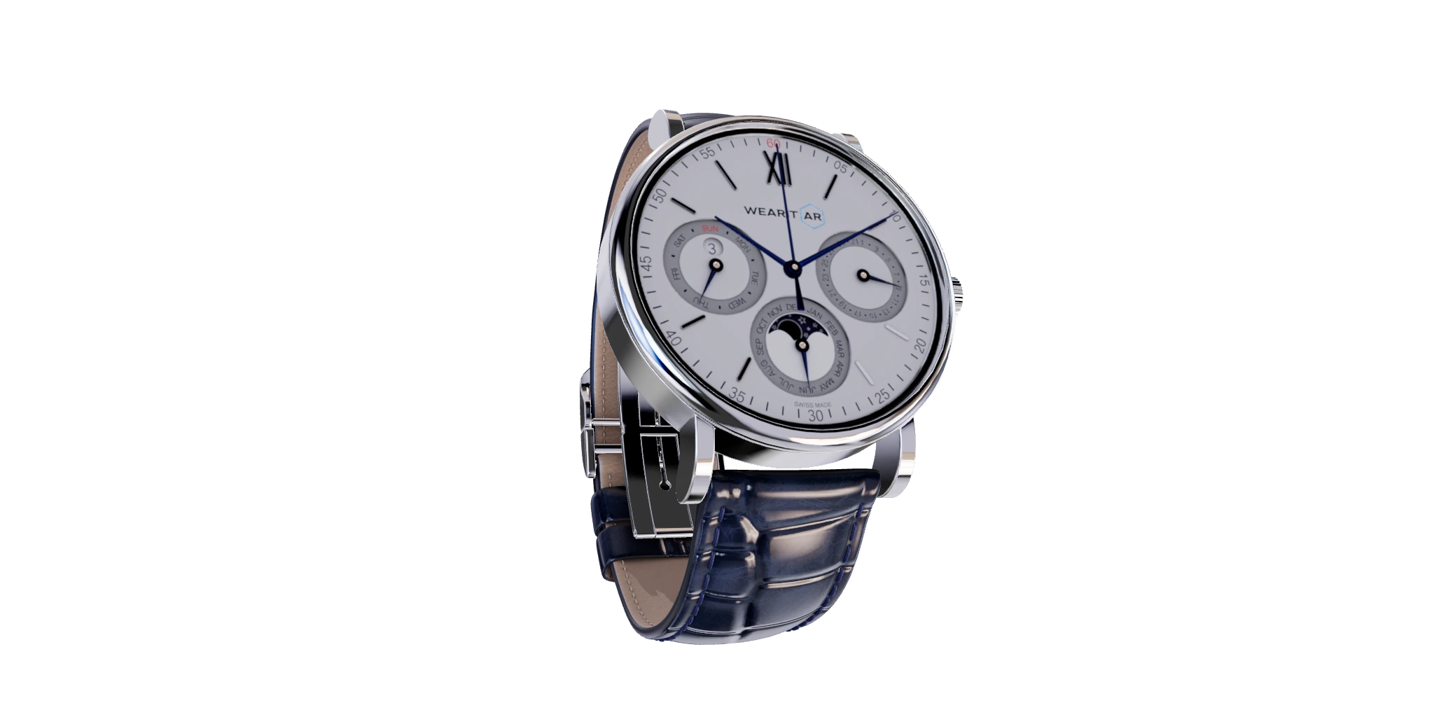 3D watch model detail: case profile, bezel, crown, and buckle in a single view