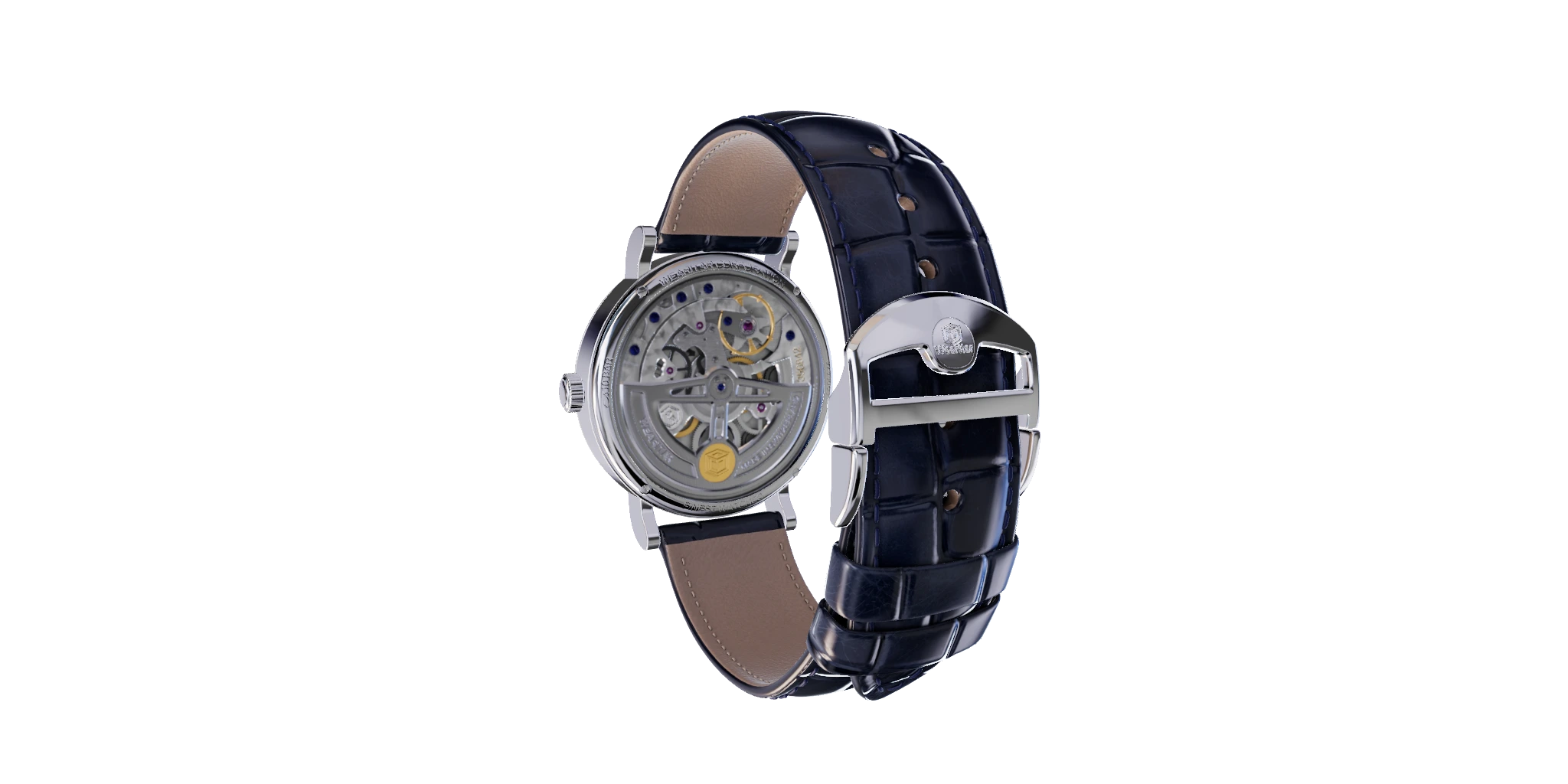 3D watch model detail: exhibition caseback with the movement, buckle, and stitched leather strap