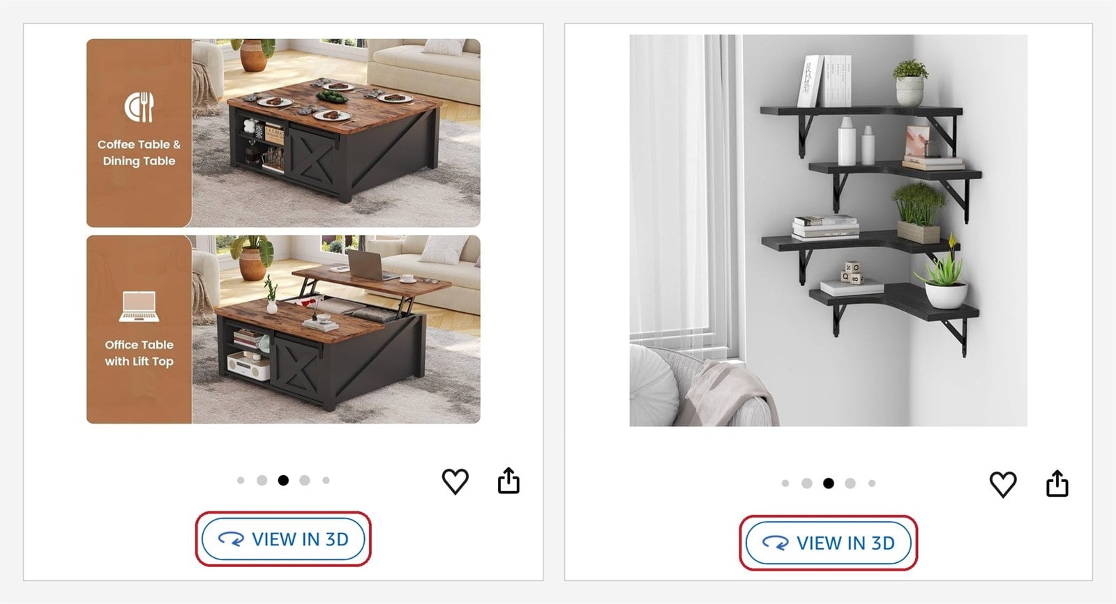 View in 3D button on two Amazon furniture listings, a lift-top coffee table and corner shelves