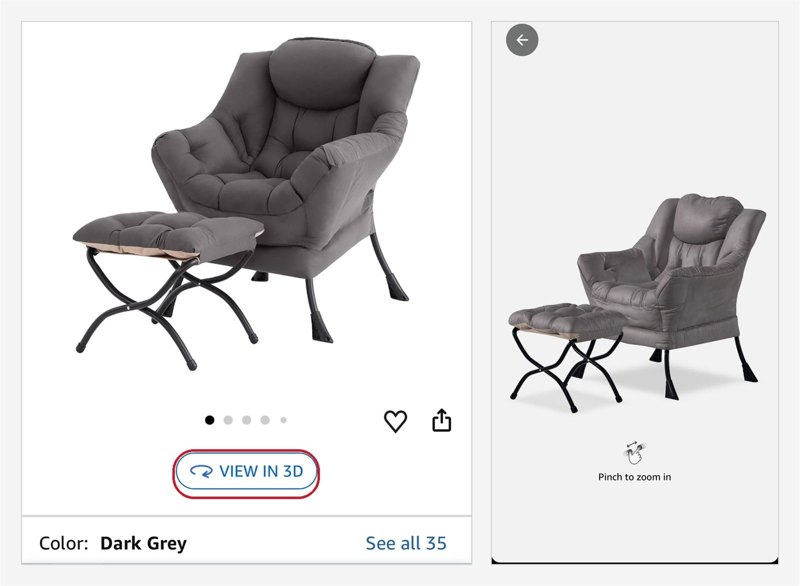 An Amazon listing photo next to the same product opened in the 3D viewer, free to rotate and zoom
