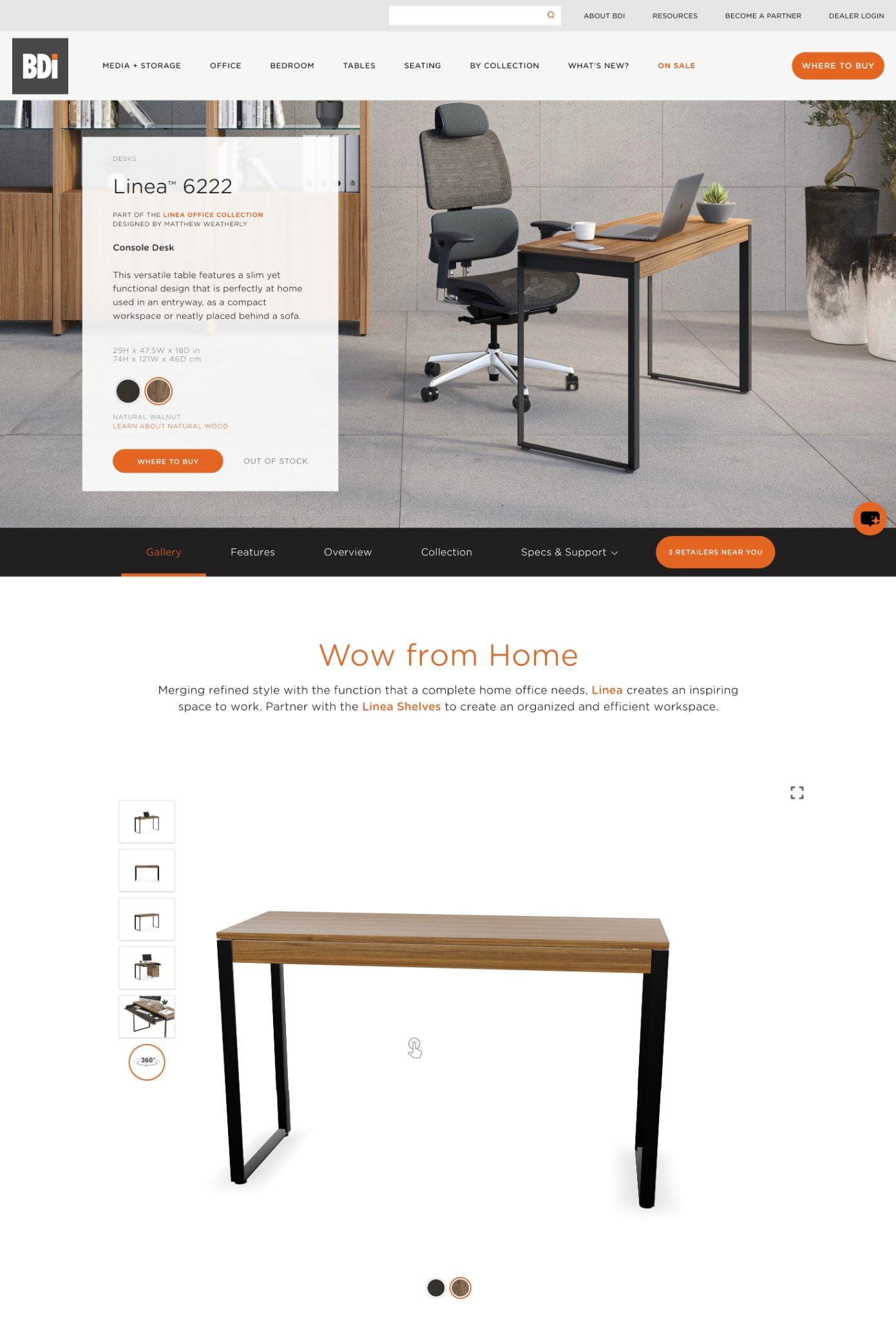 BDI Linea 6222 product page: product card over a lifestyle photo, Wow from Home section, and the interactive 3D gallery with the walnut desk