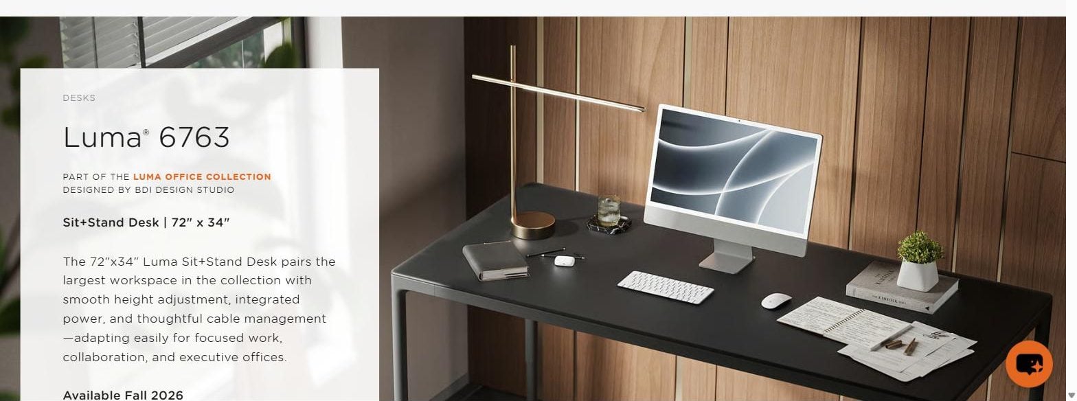 BDI Luma 6763 sit and stand desk product page with the info panel and the desk hero image