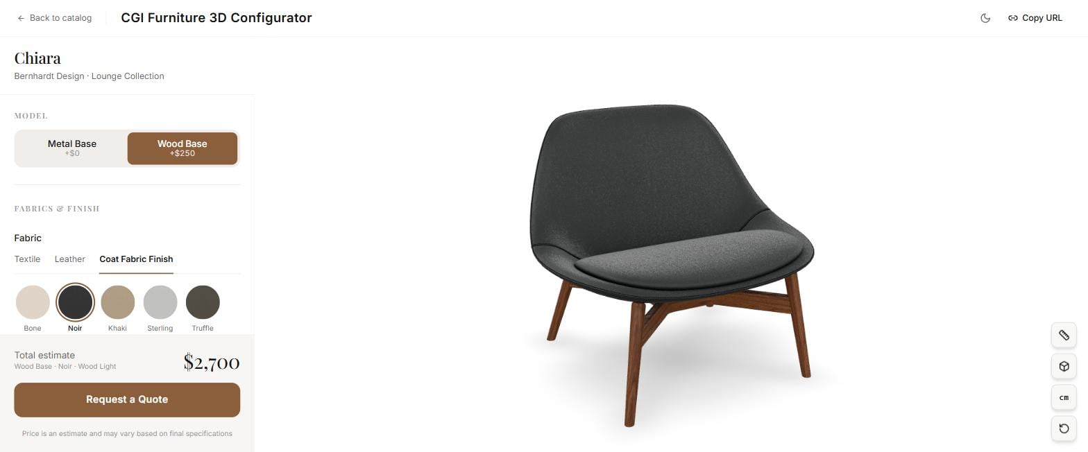 CGIFURNITURE 3D configurator: Chiara lounge chair in Noir fabric on a wood base with live price estimate