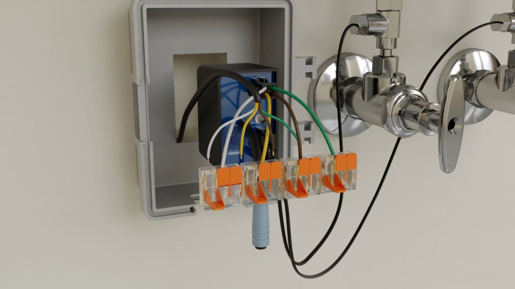 3D close-up of behind-wall wiring and connectors during a commercial faucet installation