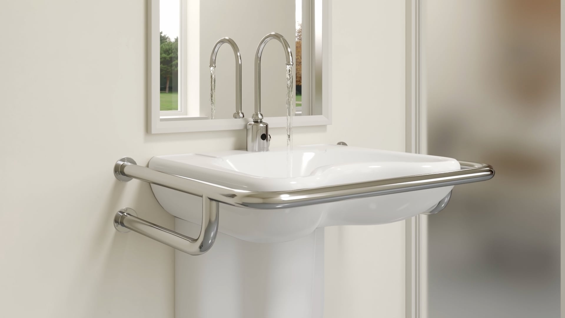 Animation frame of running water over a commercial sink