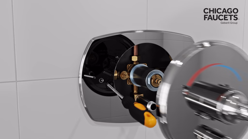 3D render of a shower valve assembly with a conversion plate during installation, showing internal components and tools