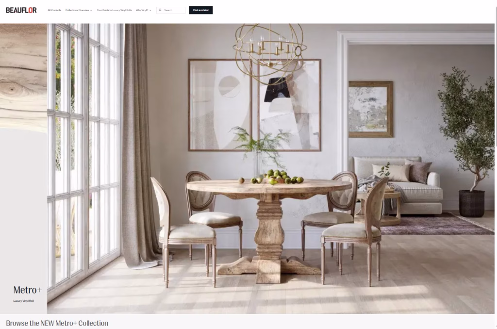Beauflor Metro+ collection page with a full-width lifestyle render of vinyl flooring in a dining room