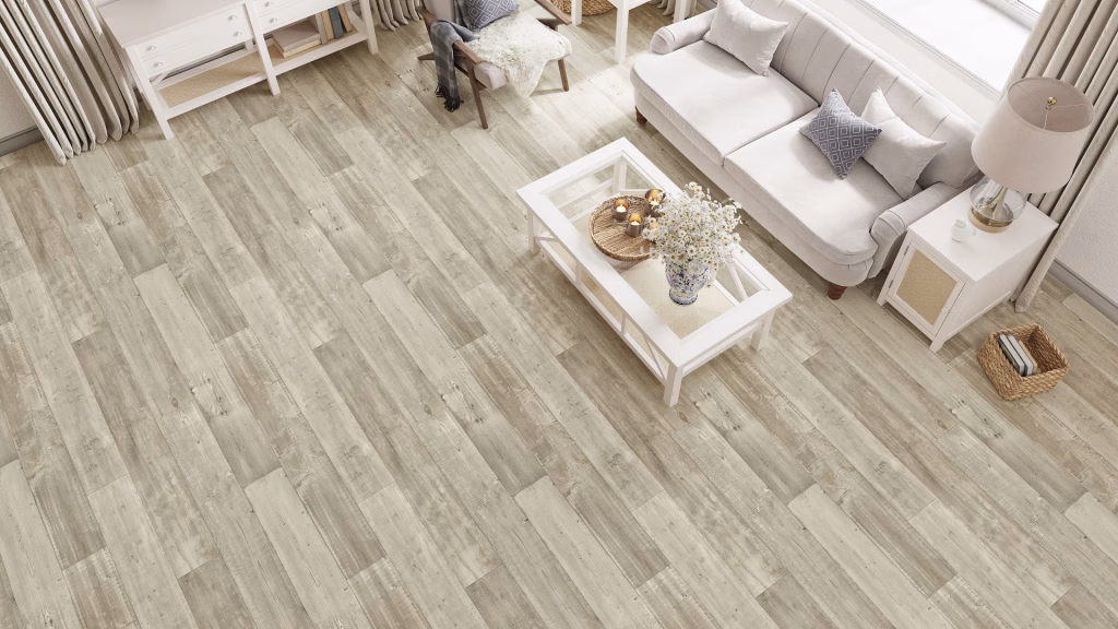 Flooring product rendering of Driftwood Storywood Sand vinyl planks in a coastal-style living room