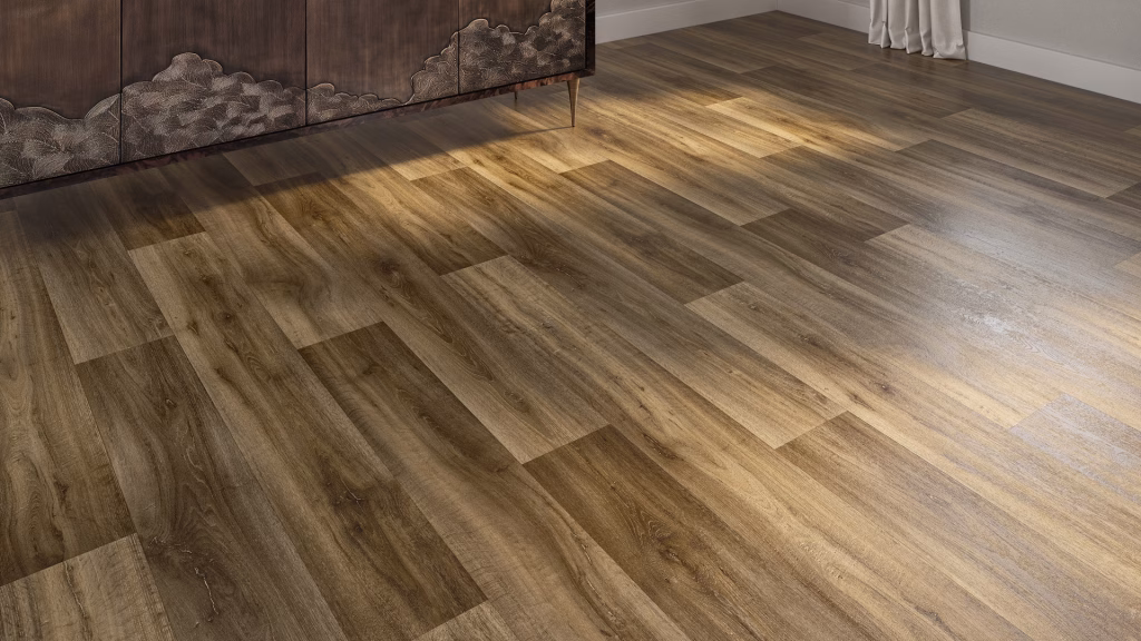 Flooring product rendering close-up of Fable Oak Peanut vinyl planks with natural wood grain detail