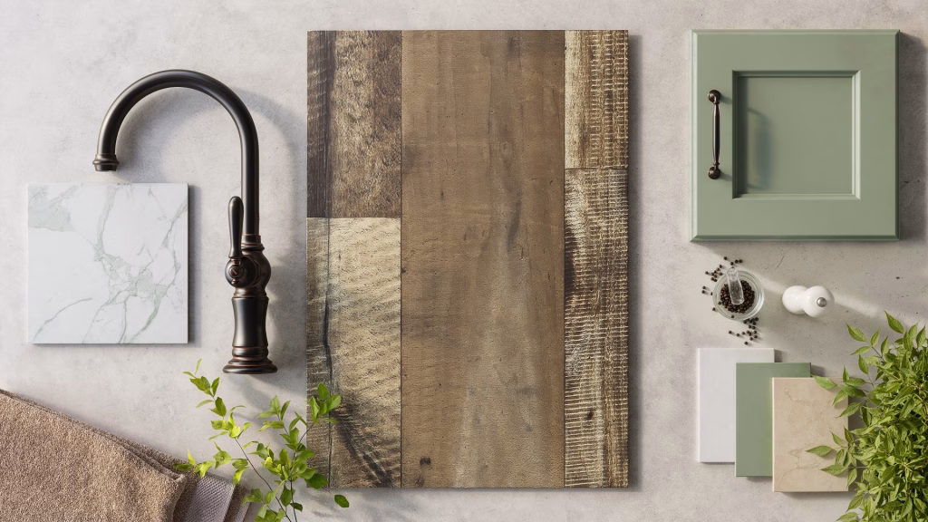 Flooring product rendering flatlay of Castlewood Oat vinyl planks with a black faucet, green cabinet door, and marble tile