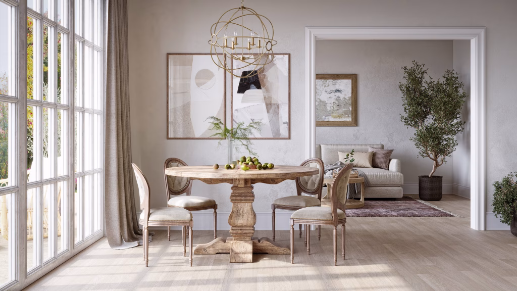 Flooring product rendering of Heritage Tawny Oak vinyl planks in a dining room with a pedestal table and chandelier