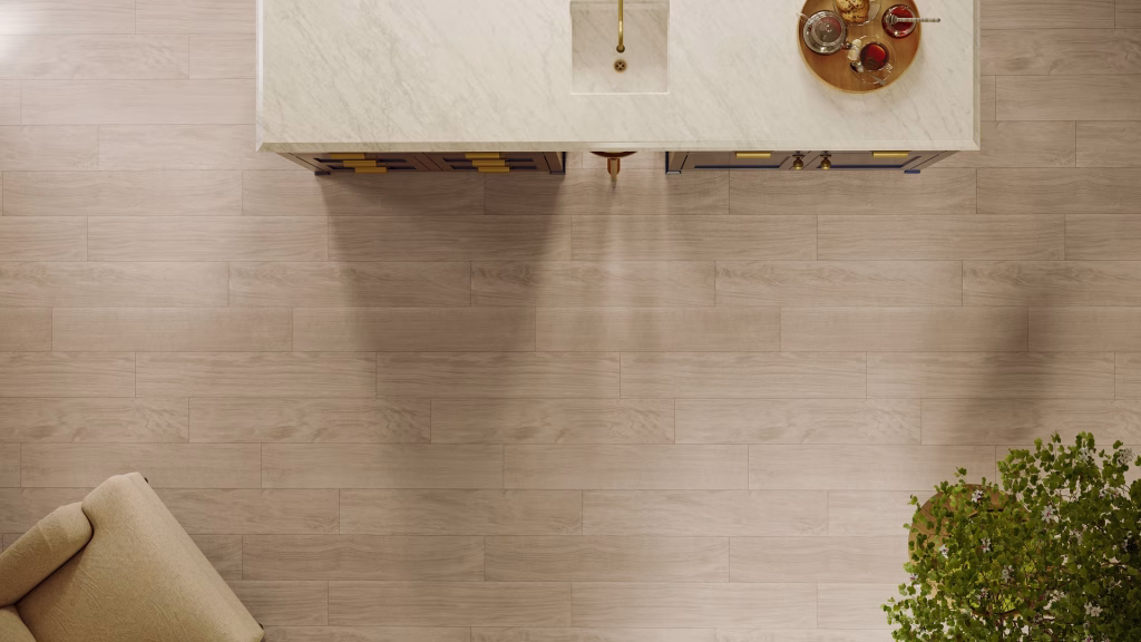Flooring product rendering top-down view of Reflect Whispering Hazel Oak planks in a kitchen with marble countertop