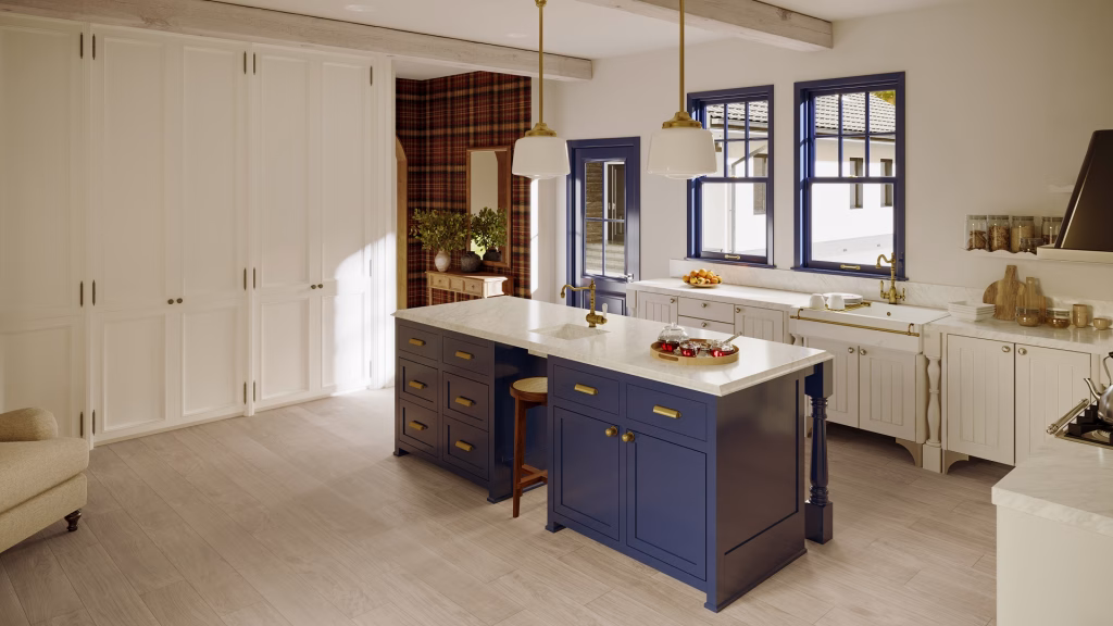 Flooring product rendering of Reflect Whispering Hazel Oak vinyl planks in a farmhouse kitchen with a navy island