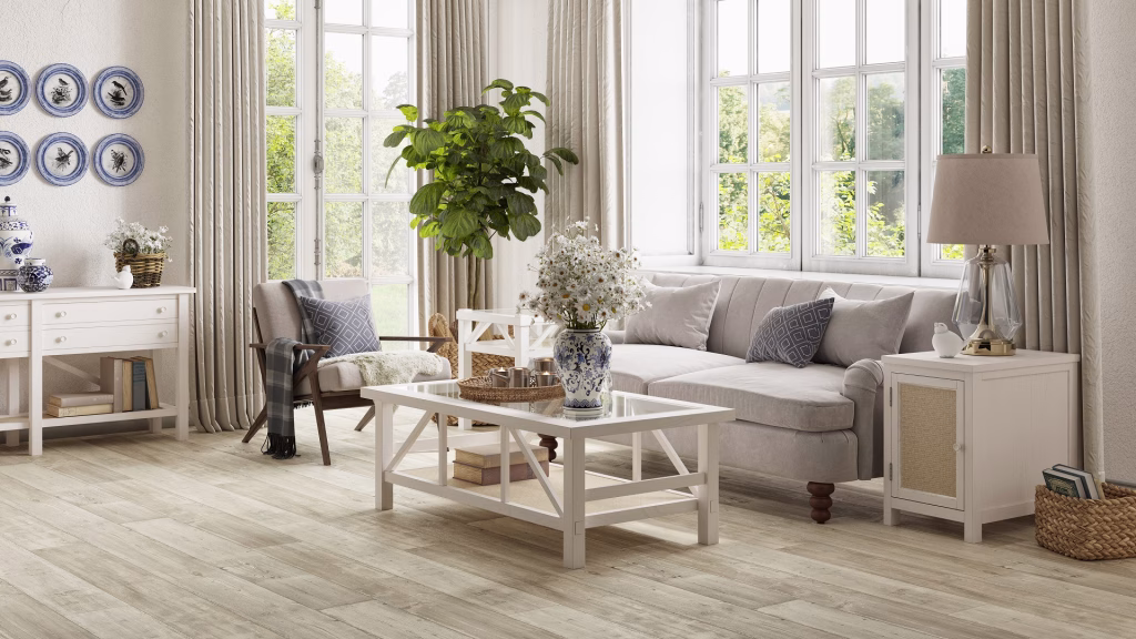 Flooring product rendering of Storywood Sand vinyl planks in a French country-style living room