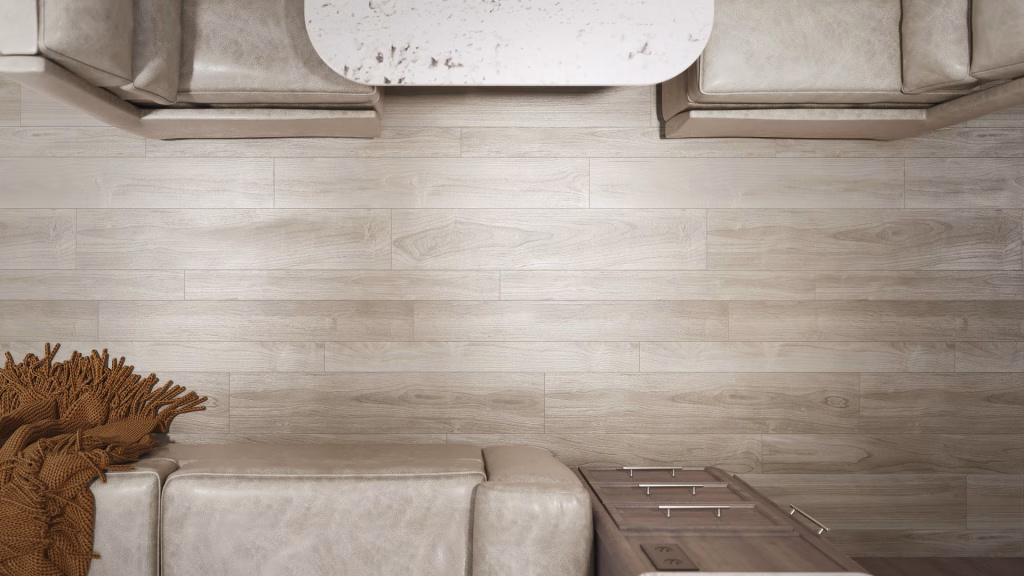 Flooring product rendering top-down view of Vienna Alder vinyl planks in a vehicle interior with leather seating
