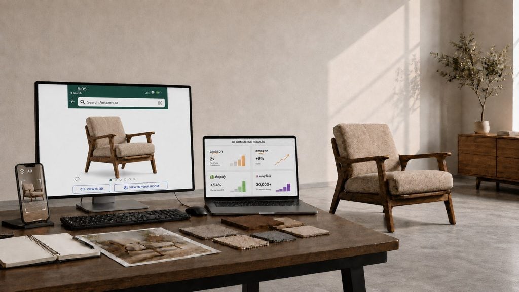 One armchair across every channel: the Amazon listing on a monitor with View in 3D and View in Your Room, AR preview on a phone, 3D commerce results on a laptop, and the real chair in the room