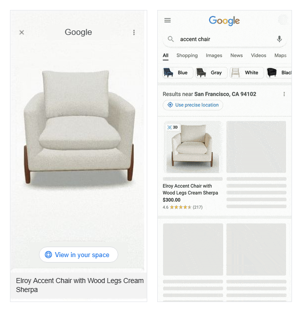 Google official examples: the View in your space AR mode and a 3D-badged product card in Search results