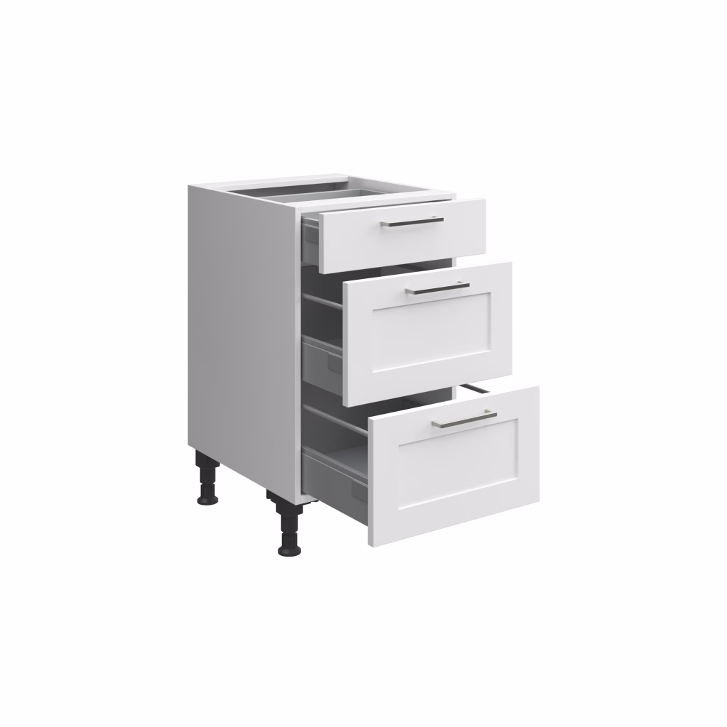 Silo 3D rendering of a three-drawer base cabinet with all drawers pulled open showing runners