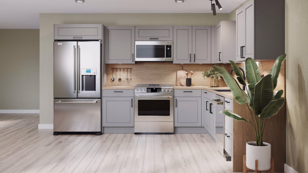 Lifestyle 3D visualization of a gray shaker kitchen from the entrance angle with wood flooring and plant decor