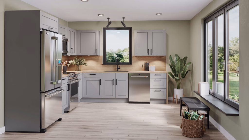 Lifestyle 3D rendering of a gray shaker kitchen with garden view windows and bench seating area