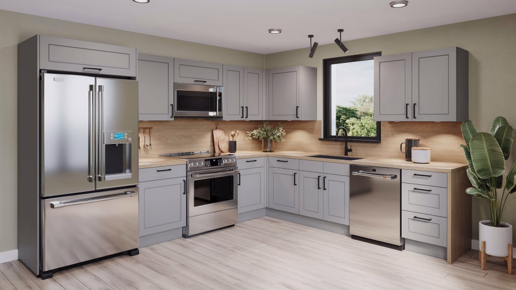 Lifestyle 3D rendering of an L-shaped kitchen with gray shaker cabinets, wood backsplash, and stainless steel appliances