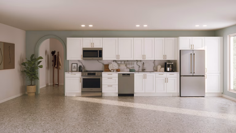 Lifestyle 3D visualization of a linear white shaker kitchen with arch doorway, terrazzo floor, and marble backsplash