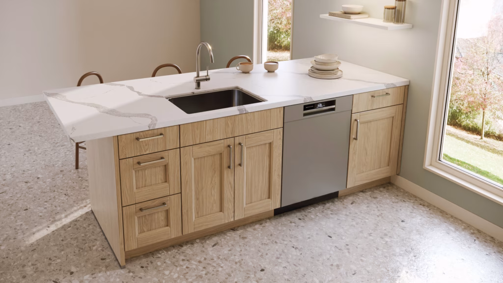 Lifestyle 3D rendering of an oak kitchen island detail with marble countertop, dishwasher, and autumn garden window