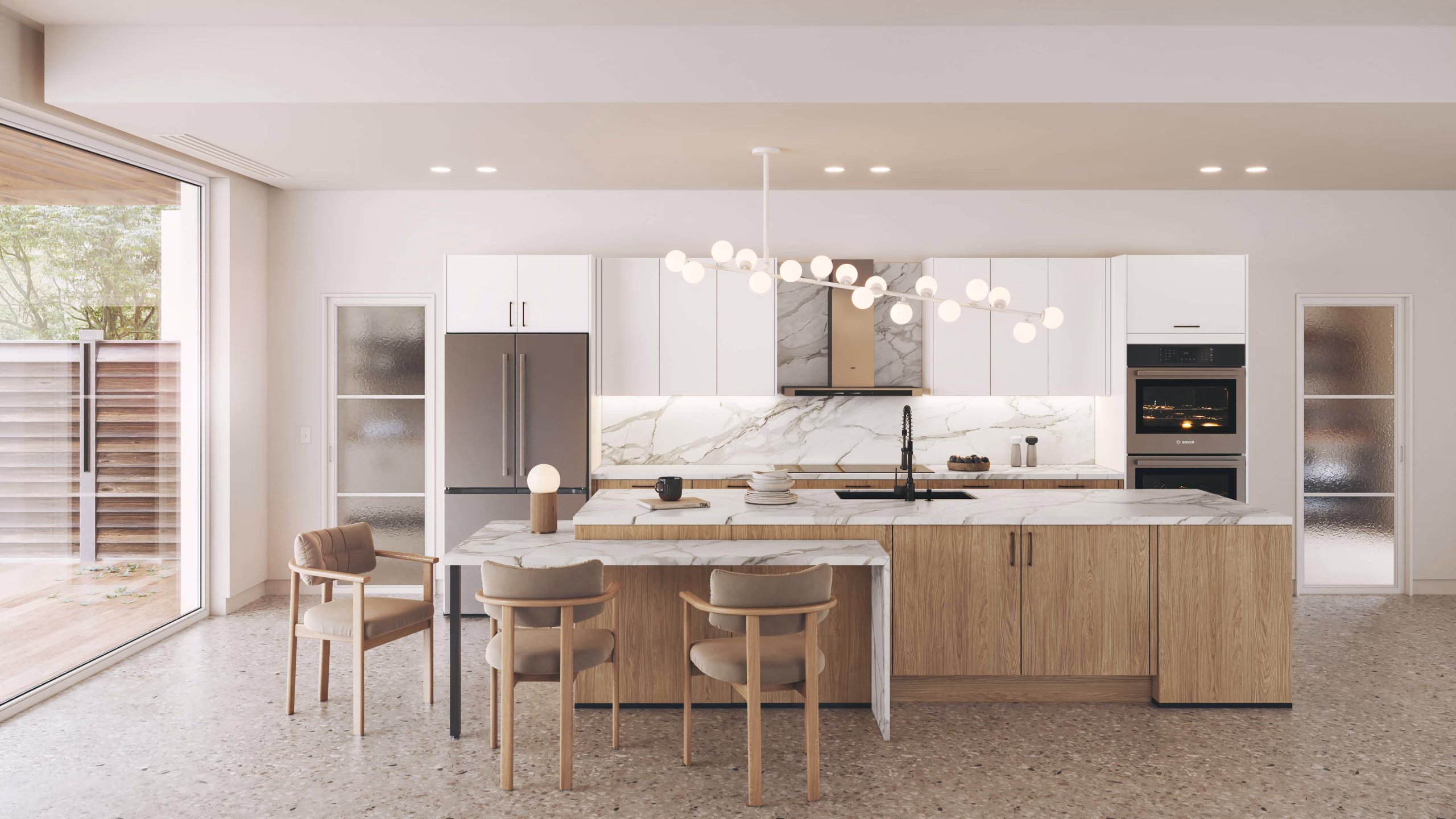 Nobilia oak kitchen island with marble top, photorealistic 3D rendering
