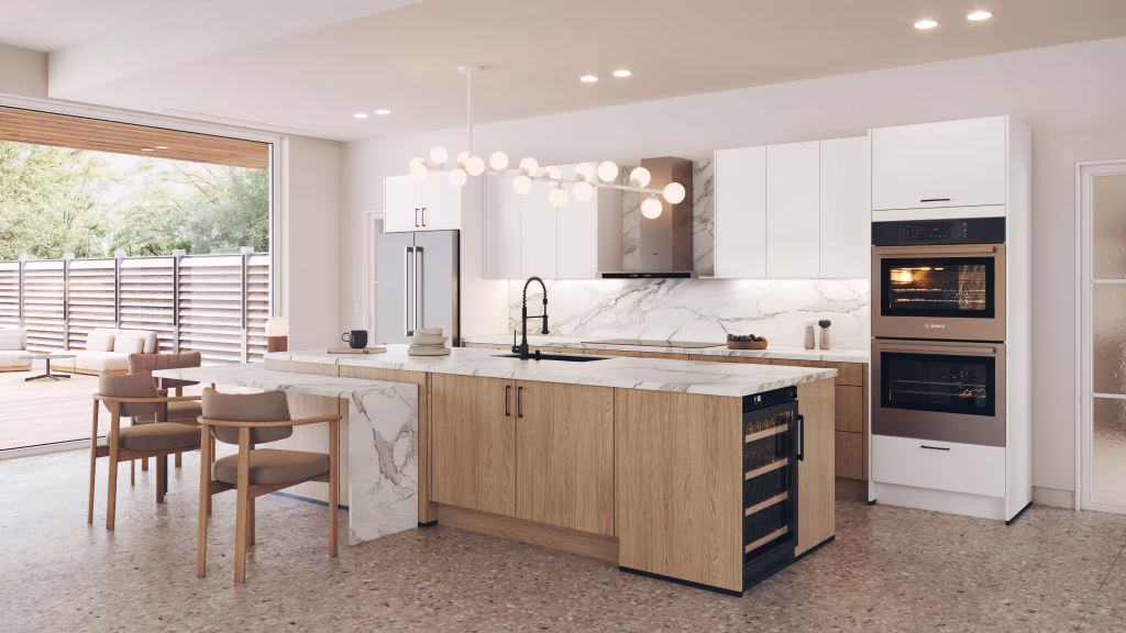 Lifestyle 3D rendering of an open-plan kitchen with oak island, white cabinets, marble countertop, and bubble chandelier