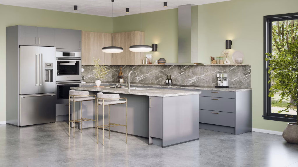 Lifestyle 3D rendering of a gray and wood kitchen with marble countertop, pendant lighting, and garden window