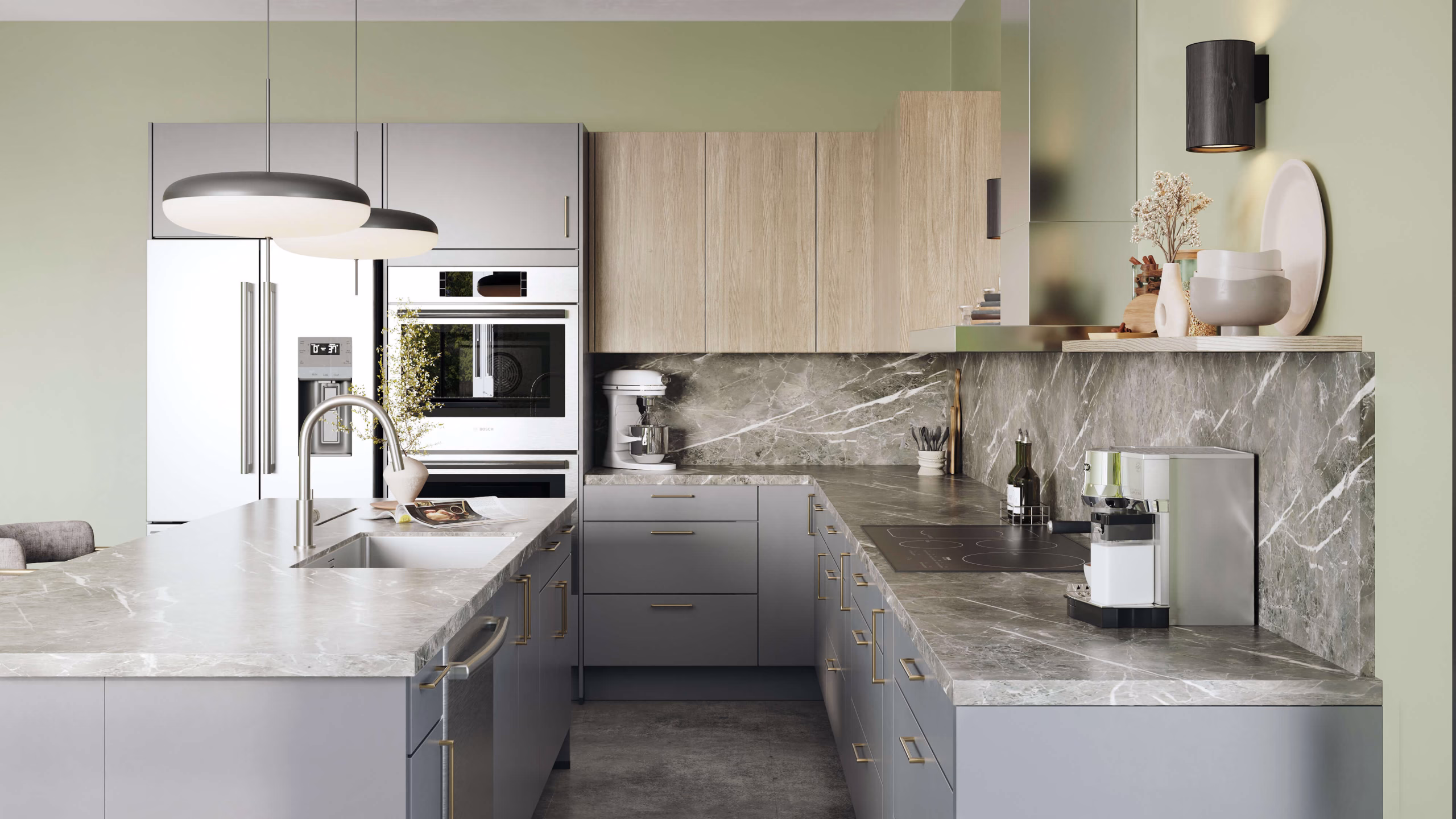 Sage green kitchen cabinets with marble countertop, finish detail in 3D rendering