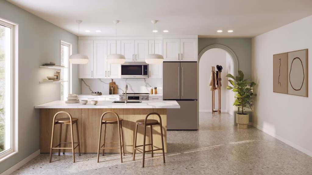 Lifestyle 3D rendering of a white shaker kitchen with wood island, marble countertop, arched doorway, and terrazzo flooring
