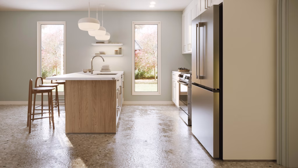 Lifestyle 3D visualization of a compact kitchen with white cabinets, wood island, tall windows with autumn view