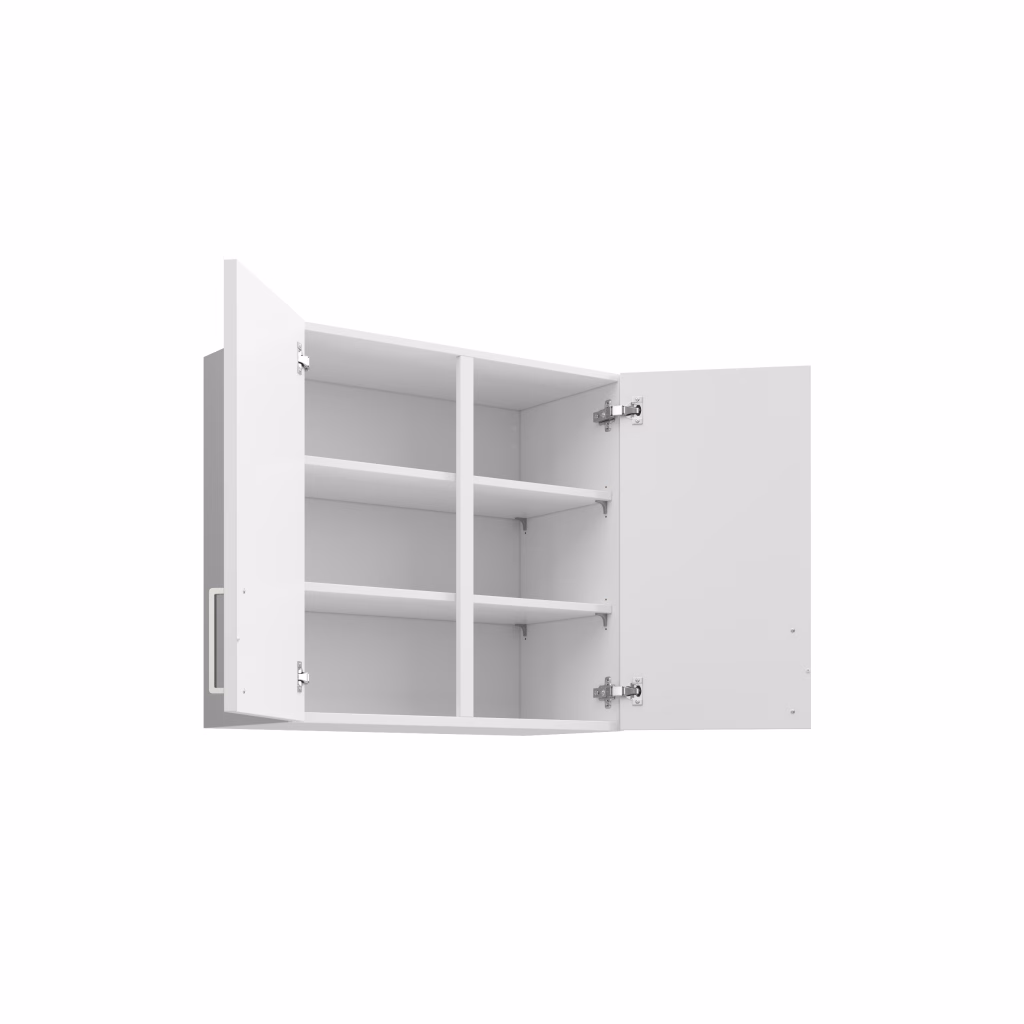 Silo 3D visualization of a double-door wall cabinet open showing interior shelves and hinge hardware