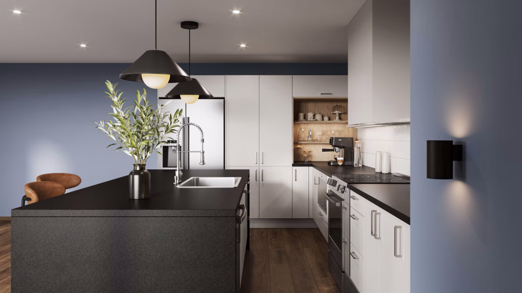 Lifestyle 3D rendering of a modern kitchen interior with dark countertop island, close-up angle with wall sconces